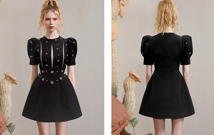 CHECOCRE summer new commuter open waist puff sleeve heavy industry beaded dress - TUOR