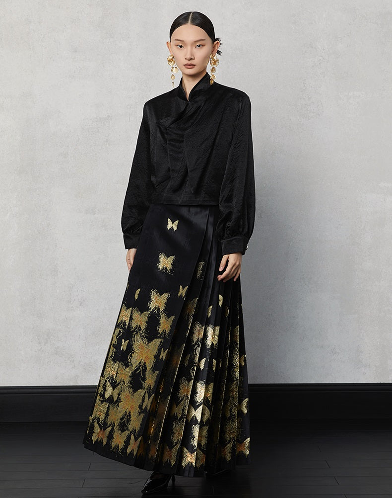 HECO Butterfly Hanfu High Waisted Pleated Long Skirt - rain.