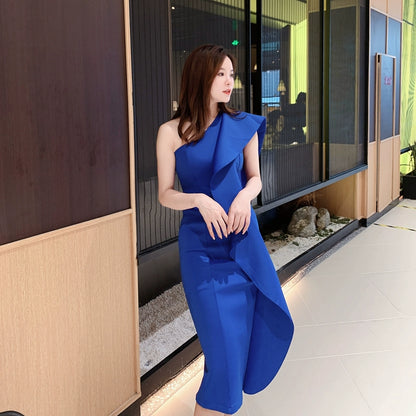 DOLLY Luxury French Style Ruffle One Shoulder Hip Hug Midi Dinner Dress-JEHO
