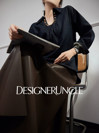 DGU "Fog Shadow" Denim New Retro Velvet Loose Slimming Commuter Top - SENT.