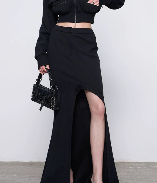 ANNAKIKI Designer Curved Casual Sweat Slit Maxi Skirt-FUKU