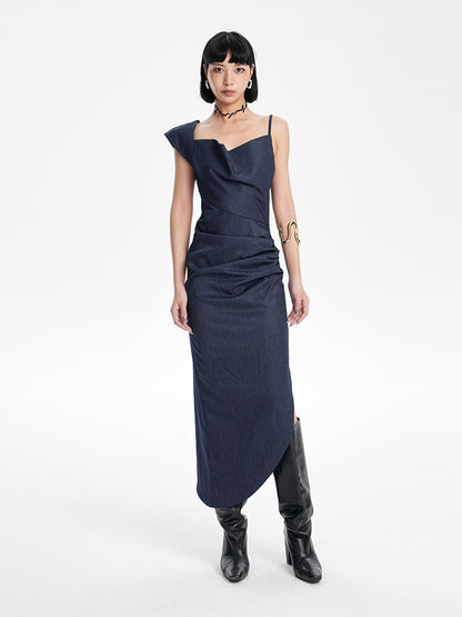 TINY IN irregular slanted shoulder slip slit long dress-GANS