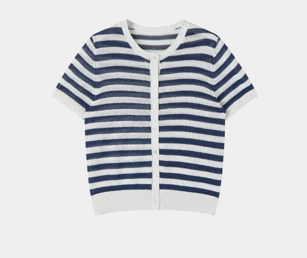 SUSHE light hollow texture striped short-sleeved knit sweater new stretch loose top -BESS