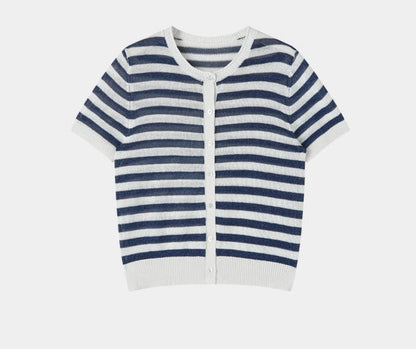 SUSHE light hollow texture striped short-sleeved knit sweater new stretch loose top -BESS