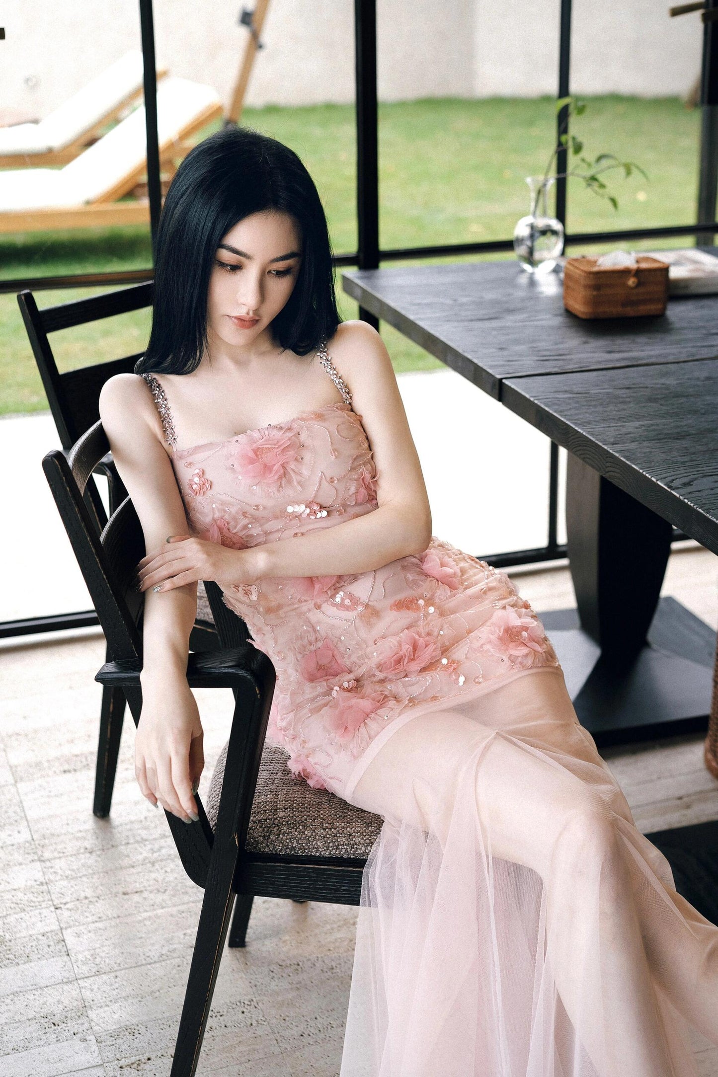 Wardrobes by Chen High End Pink Sleeveless Flower applique Sequin Dress-Bena