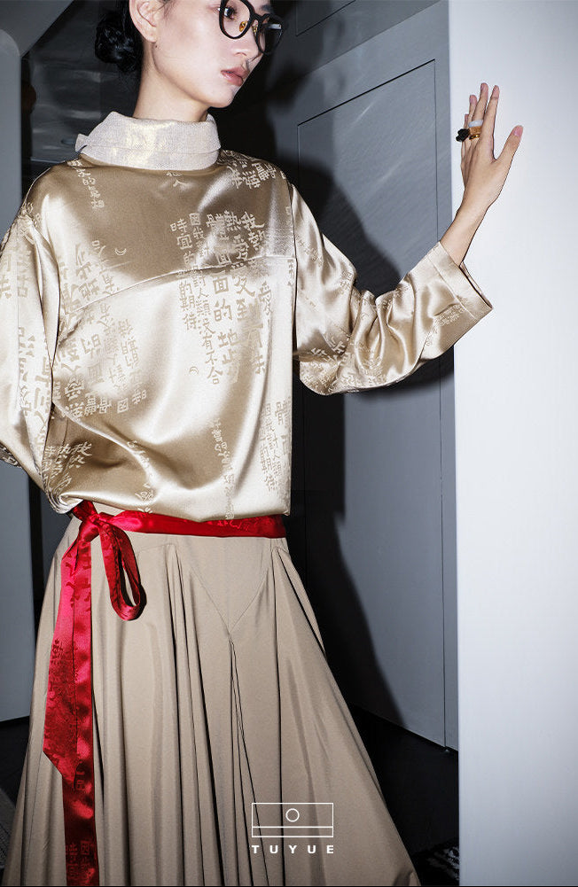 TUYUE Satin Calligraphy Dark Pattern High Neck Breasted Straight Shirt- KAYLA.
