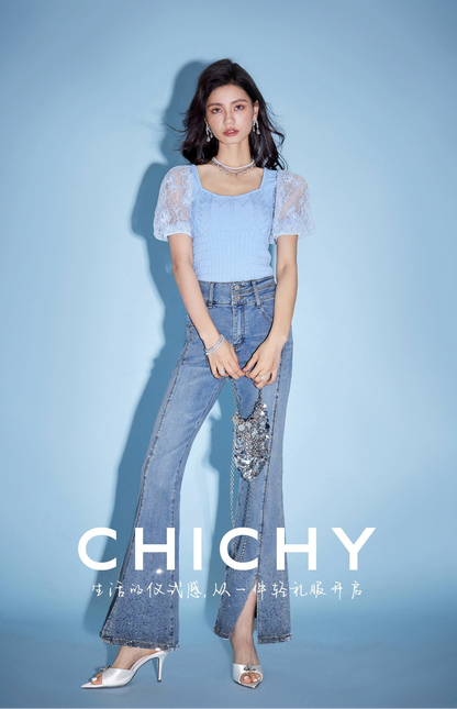 CHICHY French Ladies Blue High-Waisted Hot Diamond Slit Micro Flared Pants-MIJI