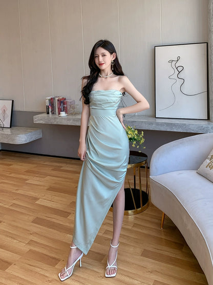 DOLLY Luxury Mint Green Sleeveless Off Shoulder Chest Wrap Long Slit Dinner Dress-CAT