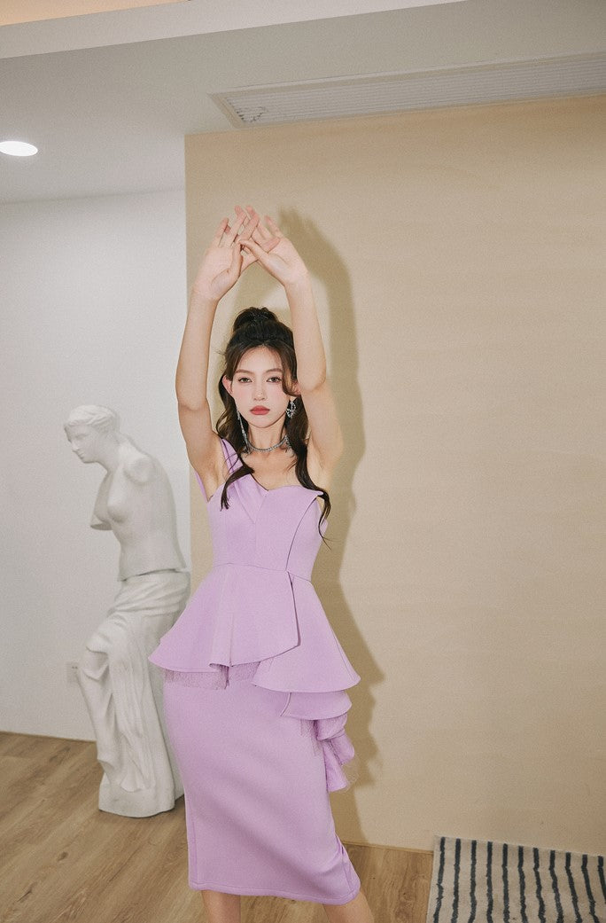 DOLLY High End Ruffled Fake Two Piece French Lace Off Shoulder Midi Office Dress-BRYONY