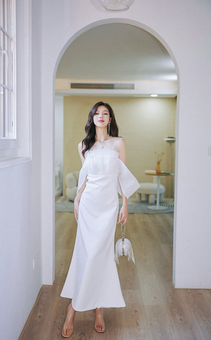 DOLLY Elegant Ruffled Off Shoulder Chest Wrap Long Fish Tail Banquet Dress-KALYA