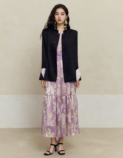 HECO silk peony burnt flower pendulum long-sleeved dress women - healer.