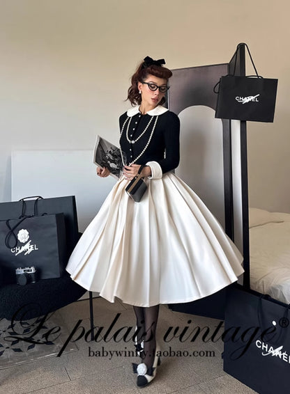 Le Palais Vintage Elegant Black and White Round Neck Cardigan High Waist Pencil Office Skirt-Ivy