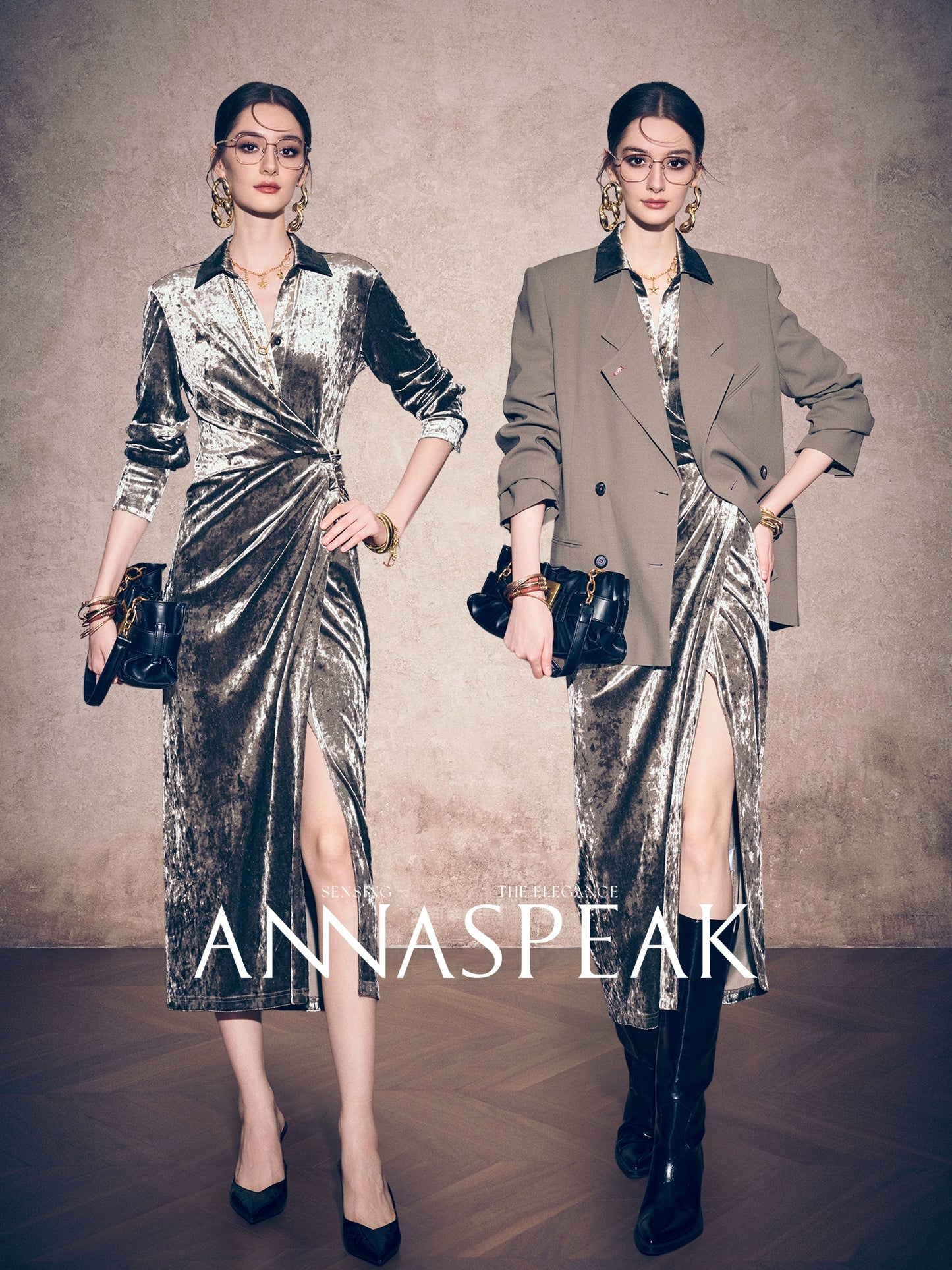 ANNASPEAK  modern elegant ice flower stretch gold diamond velvet dress-MAKS.
