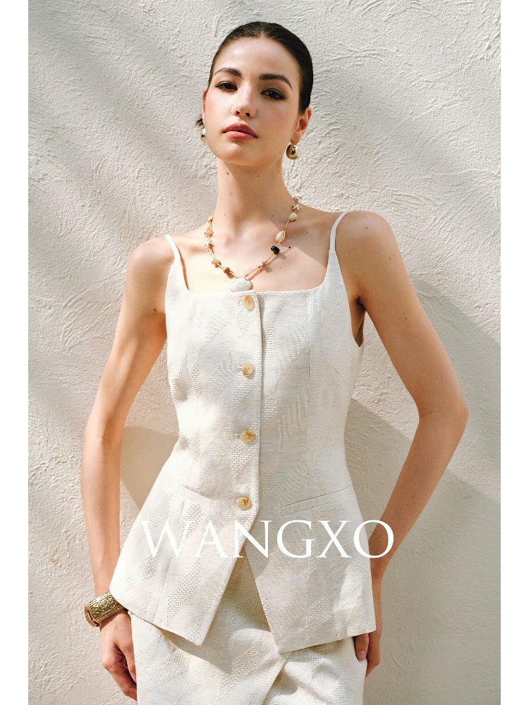 WANGXO | Oxygen-Induced Linen with Rhombic Texture  Waist-Cinched U-Neck Camisole Vest & Tie Skirt Set -NOLA