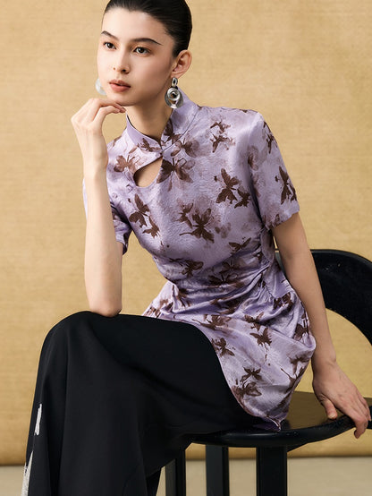 HECO Chinese Style Stand Collar Cut-out Pleated Short Cheongsam Dress - BIRD.