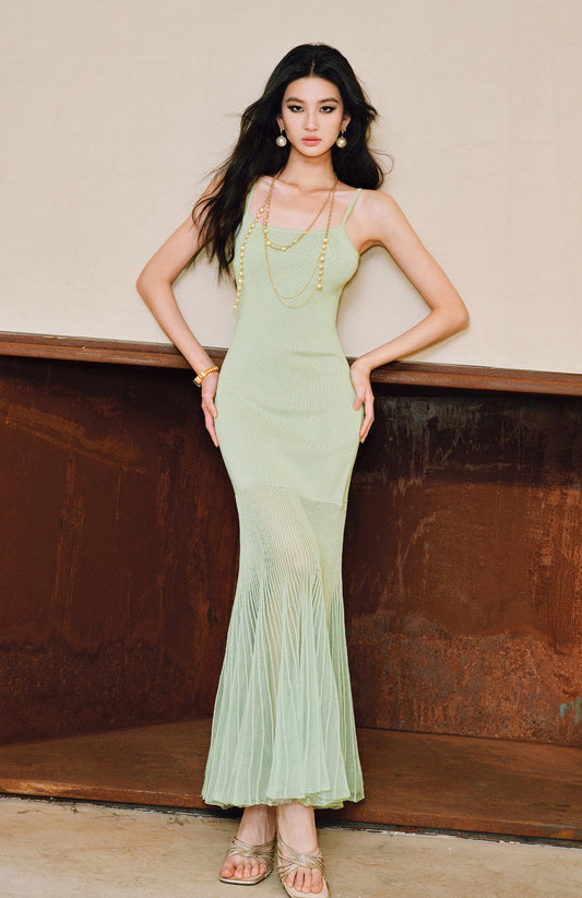 WANGXO | High-Quality Linen Tulle Temperament Suspender Fishtail Dress-LÉYA.