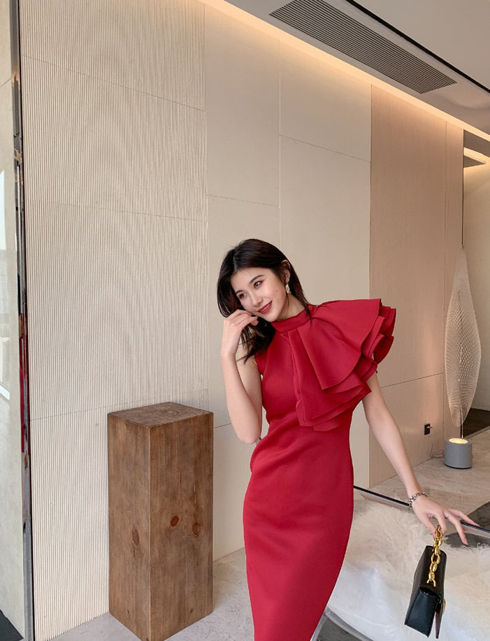 DOLLY High End Retro Style Sleeveless Ruffle Slim Fit Midi Church Dress-RAIN