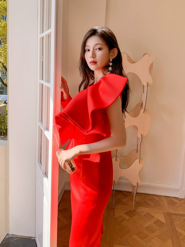 DOLLY Elegant Red Sloping Shoulder Ruffle Long Sleeve Midi Dinner Dress-KIMBRA
