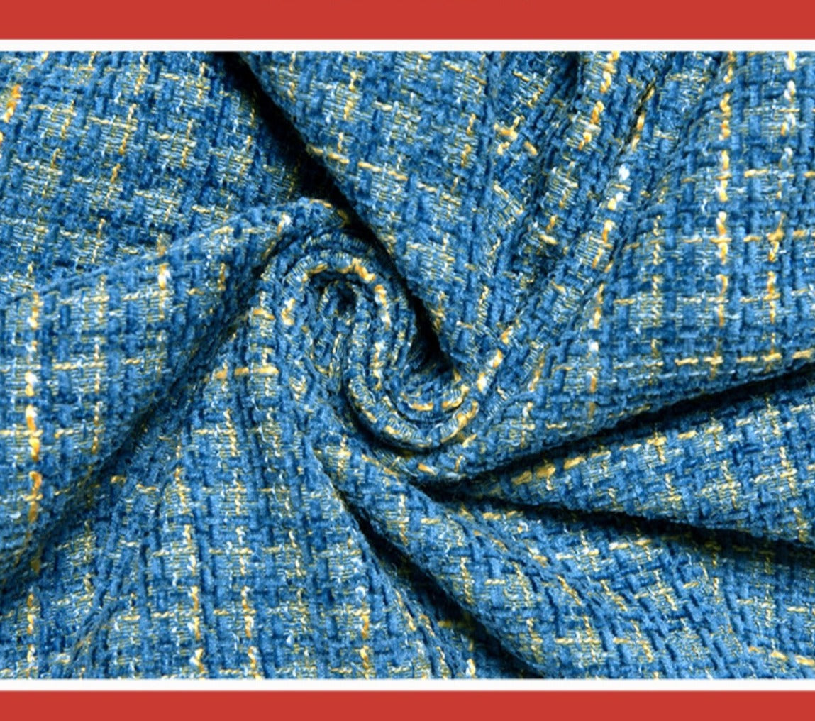 Magic Q Prussian blue stand-up collar paneled velvet sleeve wool jumpsuit - Raa