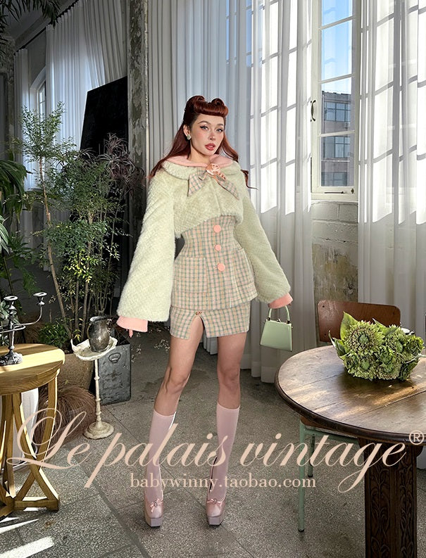 Le Palais Vintage High End Long Sleeves Slim Jacket Bow Tweed Slit Dinner Suit Dress-Carey