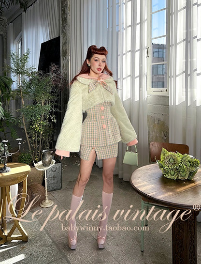 Le Palais Vintage High End Long Sleeves Slim Jacket Bow Tweed Slit Dinner Suit Dress-Carey