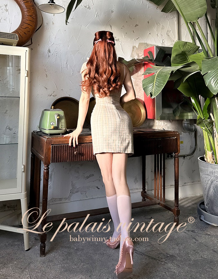 Le Palais Vintage High End Long Sleeves Slim Jacket Bow Tweed Slit Dinner Suit Dress-Carey