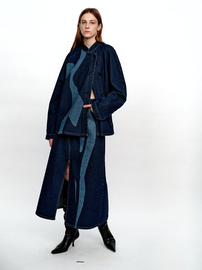 SERRER Abstract body print denim slit long skirt - LOLA.