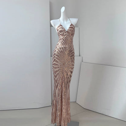 DOLLY Elegant Green Sleeveless Cross Backless Body Hug Long Sequin Dress-ENYA