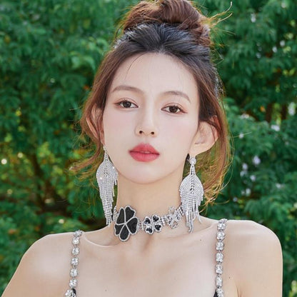 DOLLY Elegant Black Big Flower Diamond Chocker Chic Necklace-AMAL