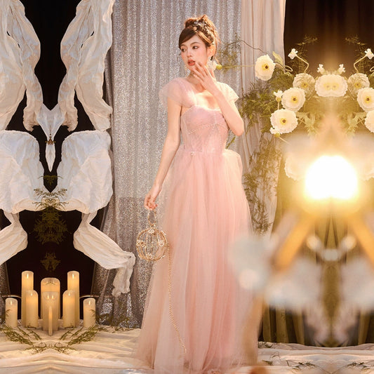 DOLLY High End Purple Pink Short Puff Sleeve Long Tutu Princess Dress-MAGENTA