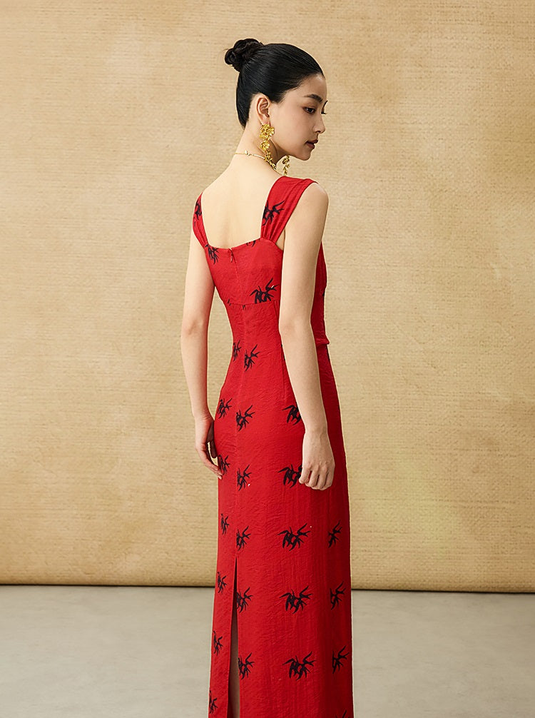 HECO Chinese irregular pleated camisole bamboo leaf print long dress- ROCK .