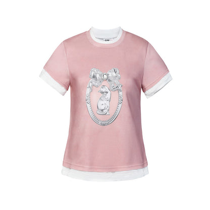 FAME crew neck faux two-piece cat print short-sleeved T-shirt - ALAN