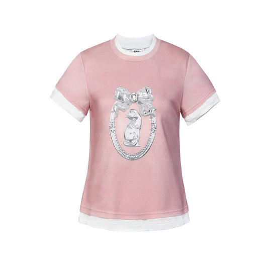 FAME crew neck faux two-piece cat print short-sleeved T-shirt - ALAN