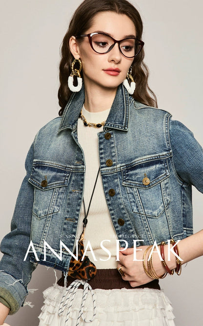 ANNASPEAK Denim  Wash Short Small Long  Denim Jacket-AYO.