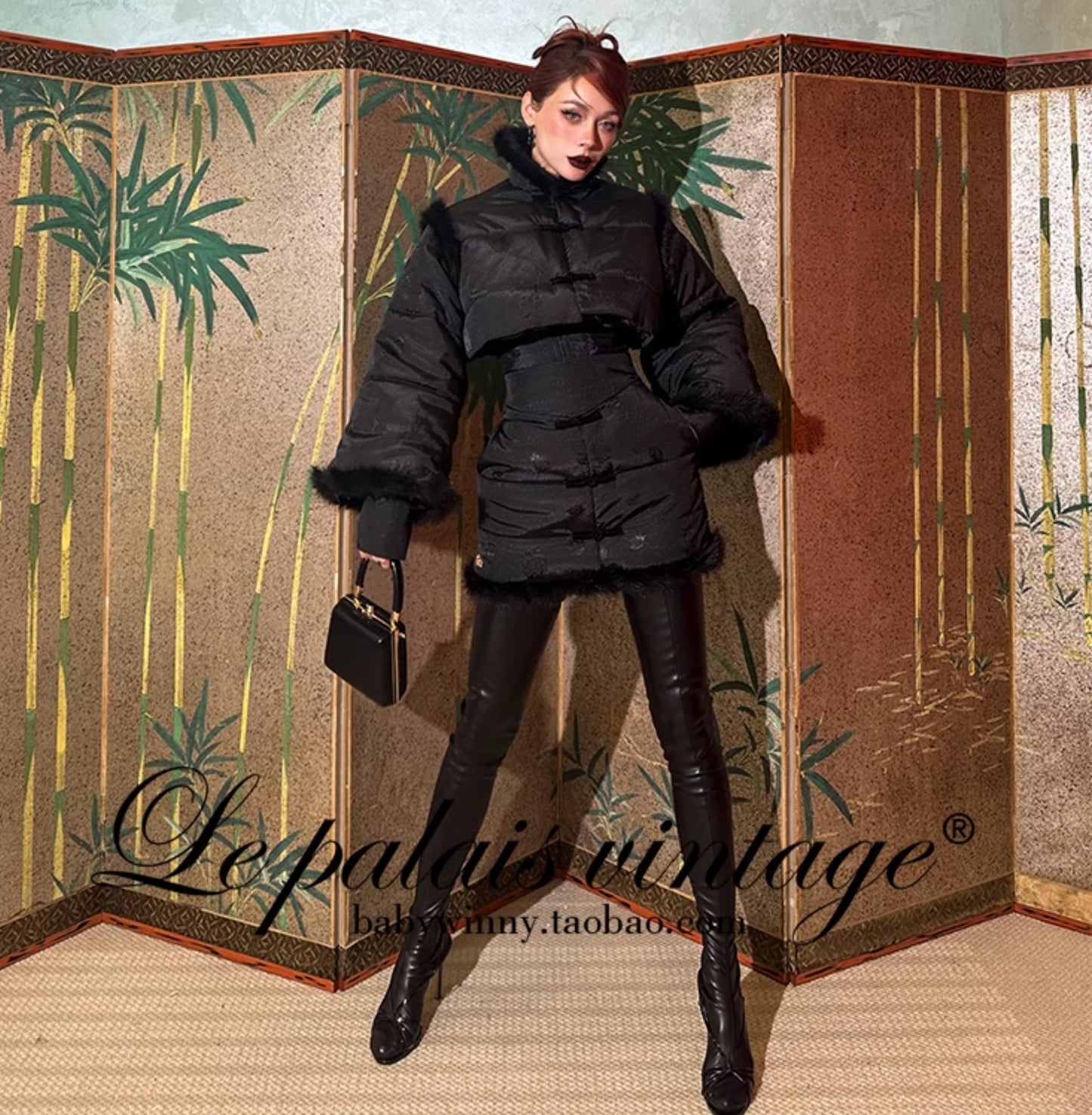 Le Palais Vintage Luxury Retro Black Cotton Short Fur Jacket + High Waist Skirt-Carla
