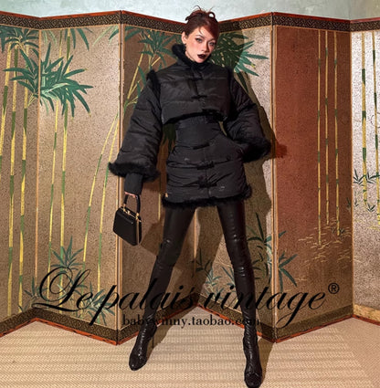 Le Palais Vintage Luxury Retro Black Cotton Short Fur Jacket + High Waist Skirt-Carla