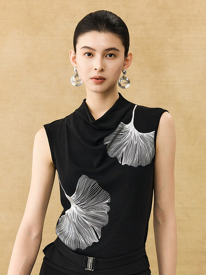 HECO Chinese Style Elegant Swing Neck Sleeveless Ginkgo Biloba Print T-Shirt - BOBA.
