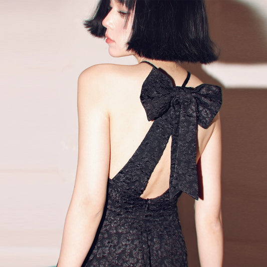 DOLLY Luxury Black Bow Halter Neck Backless High Waist Short Birthday Dress-Crystal