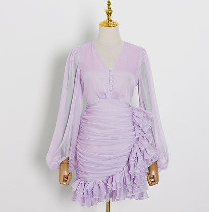 D0LLY Luxury French Style V-Neck Long Puff Sleeve Chiffon Pleated Ruffle Dress-VERA