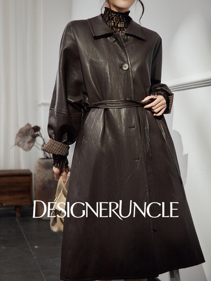 DGU|Tan leather loose slimming high-end mid-length leather jacket - Louisa.