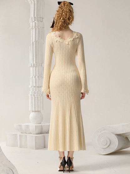 CHECOCRE Elegant Autumn Crochet Hollow Wool Slim Fishtail Long Dress- MARK