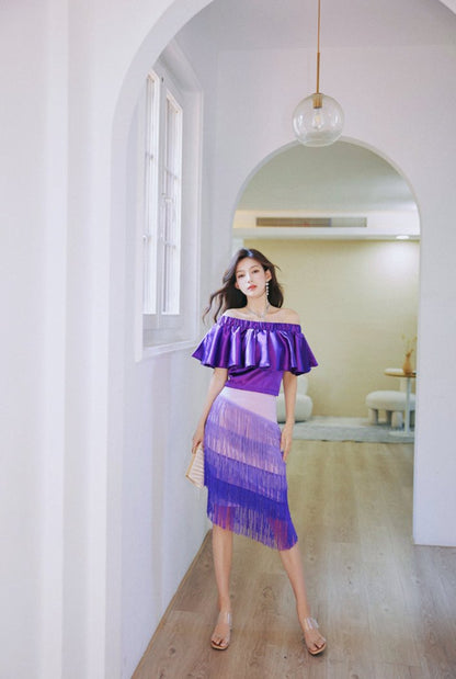 DOLLY Elegant Purple Satin Ruffle Of Shoulder Top+ Gradient Tassel Skirt-ZAYN