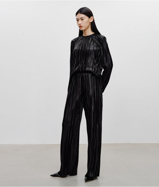 COMME MOI Lv Yan designer women's pin-pleated crewneck top commuter shirt - IVY.