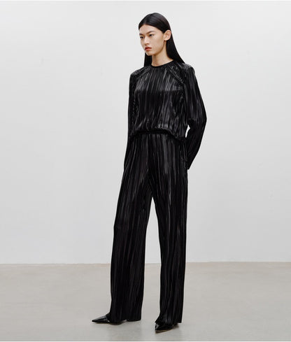 COMME MOI Lv Yan designer women's pin-pleated crewneck top commuter shirt - IVY.