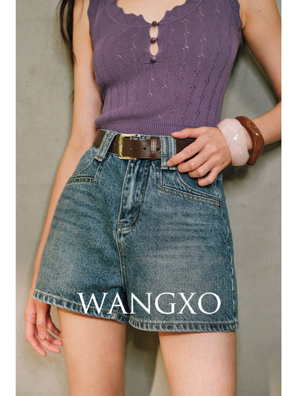 WANGXO |Micro A-Line High-Waisted Lightweight Denim Shorts with Vintage Finish -ZINA