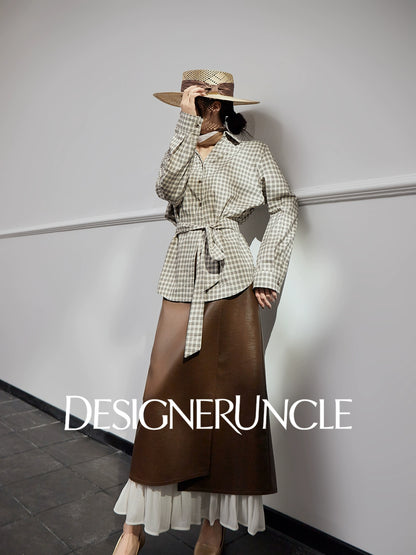 DGU|Coffee knitted sweater new plaid Korean design waist slimming long-sleeved top - STAND.
