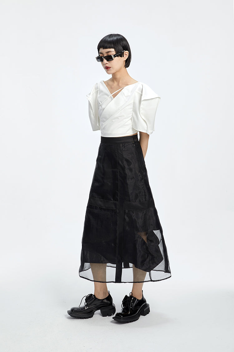 Tiny in three-dimensional square sleeve cross collar tie irregular shirt top women's short -CAM