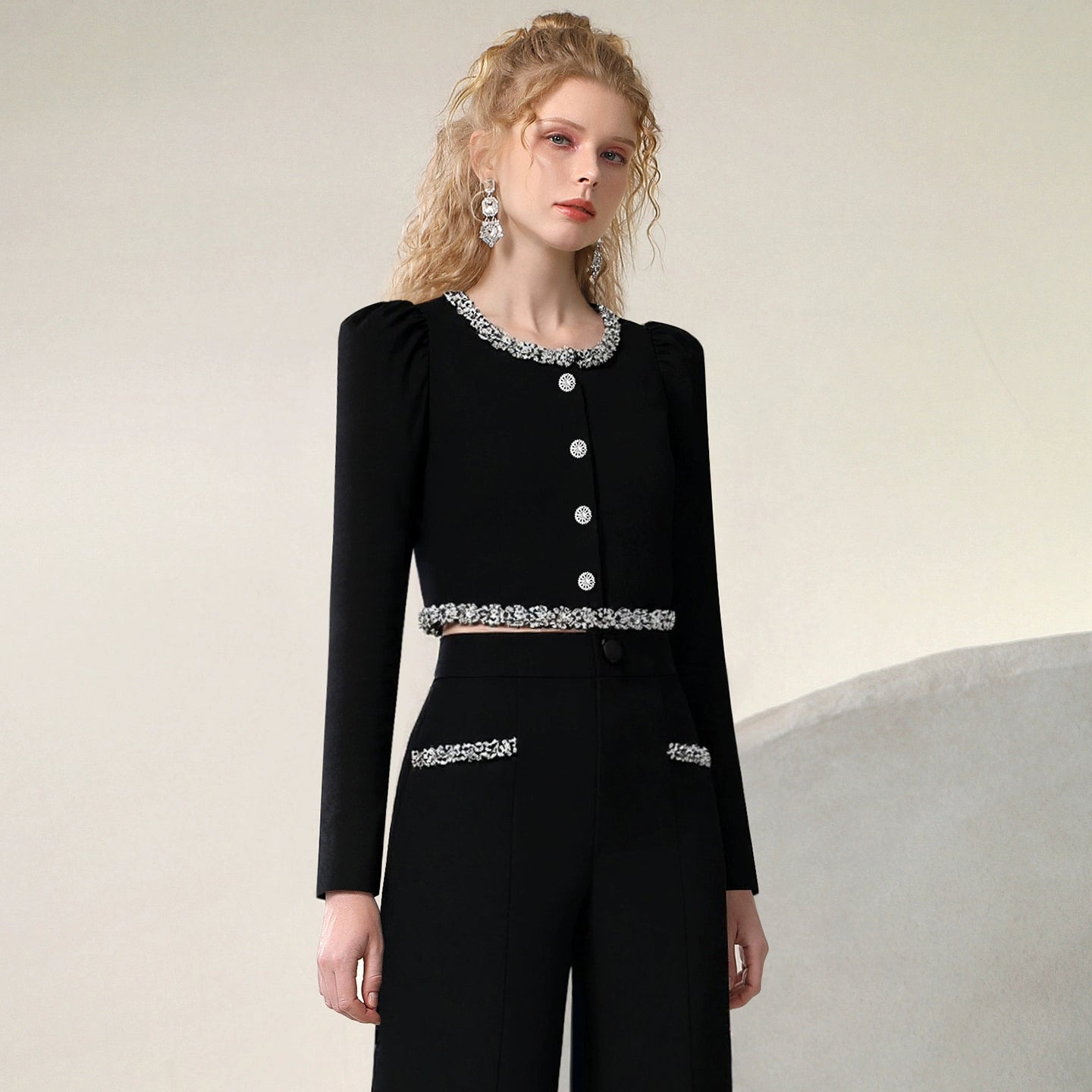CHECOCRE celebrity style suit fashion diamond chain top high-waisted straight-leg pants - ECHO.