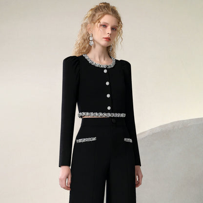 CHECOCRE celebrity style suit fashion diamond chain top high-waisted straight-leg pants - ECHO.