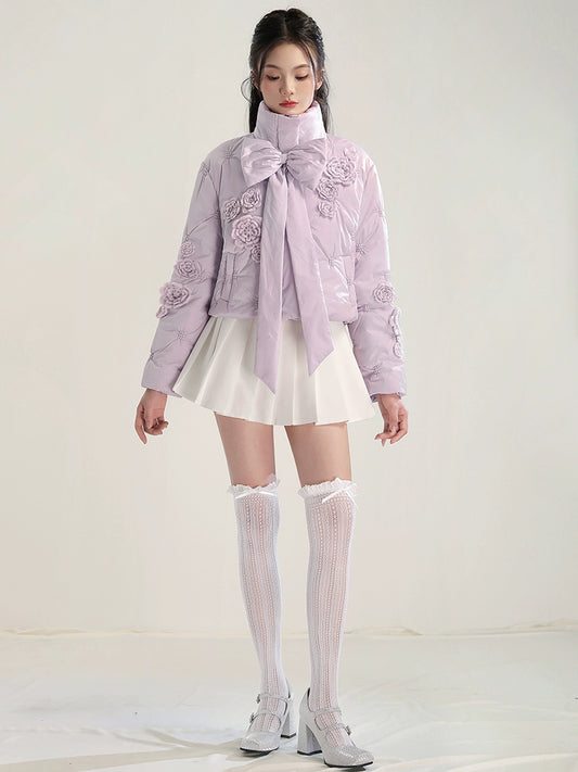 CHECOCRE Chic Gentle Romantic Style Purple Bow Cotton Jacket  - INTERPHASE